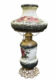 Hand Painted Parlor Lamp With Floral Painting On Shade And Base 12"X26"