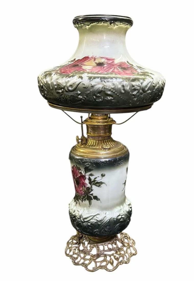 Hand Painted Parlor Lamp With Floral Painting On Shade And Base 12"X26": Hand Painted Parlor Lamp With Floral Painting On Shade And Base 12"X26"