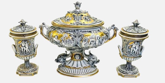 Three Piece Capodimonte Style Mantle Set With Capped Center Bowl And Two Smaller Capped Urns; Has A