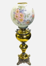 Victorian Brass Parlor Lamp With Hand Painted Floral Shade 10"X26"
