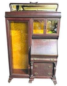 Mahogany Victorian Style Secretary With Griffin Carved Base And Beveled Glass Doors And Mirrored Top