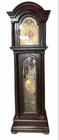 Large Empire Style Mahogany Grandfather Clock With Column Front And Arched Top And Brass Tooled Face
