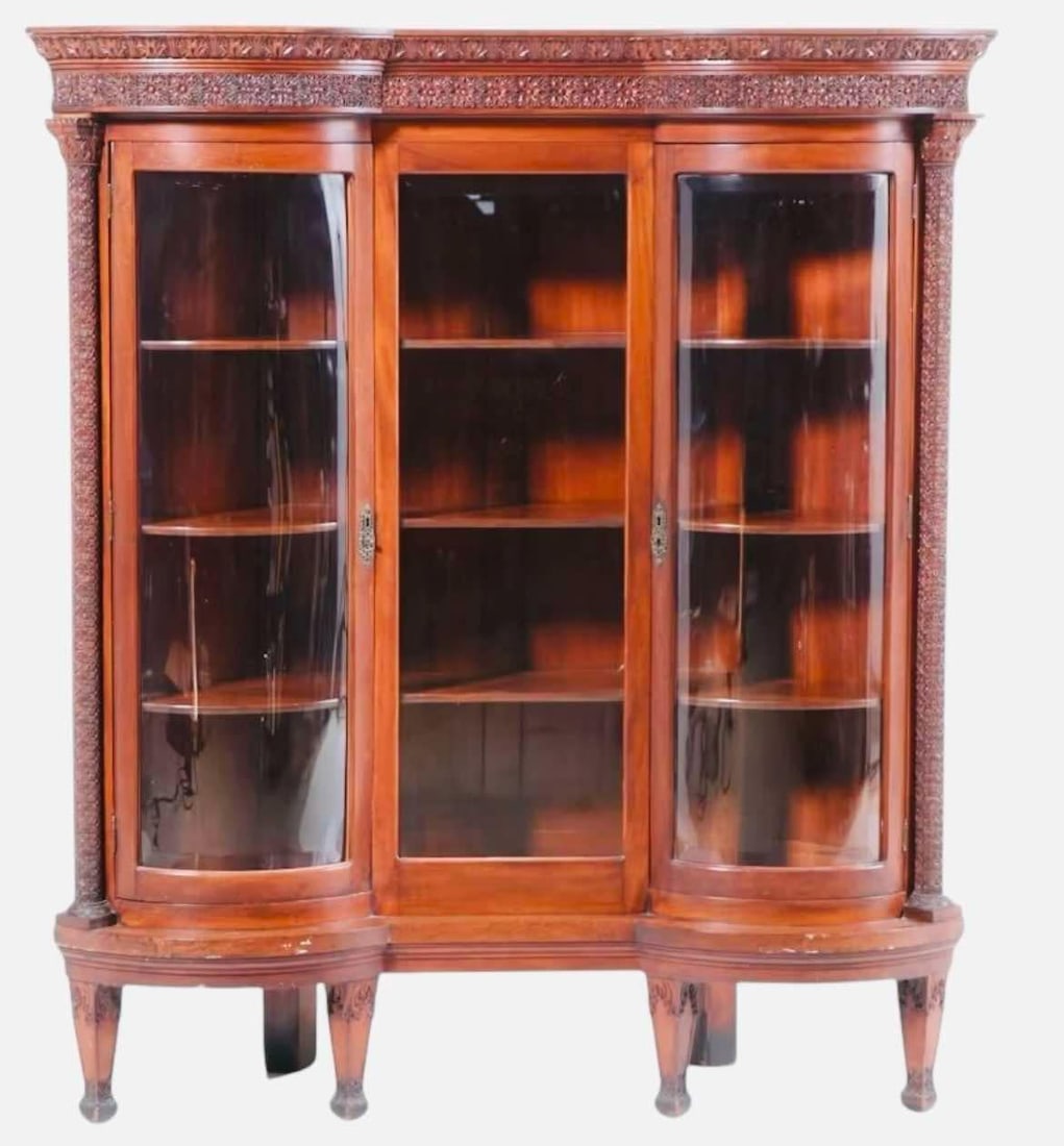 Victorian Rare To Find Mahogany Cincinnati Art Carved Corner Bookcase With Beveled Glass Doors, (1 of 6)