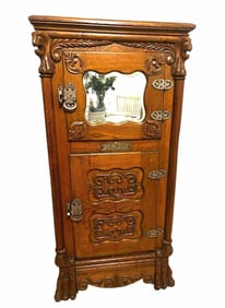 Rare To Find Griffin Carved Oak Parlor Ice Box With Mirrored Door Carved Corners And Front On Claw