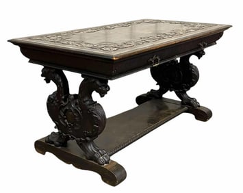 RJ Horner Style Carved Griffin Style Partners Desk With Carved Top And Stand; Griffin Style Supports