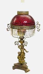 Extra Large Victorian Style Brass Parlor Lamp With Figural Style Base And Cranberry Hobnail Shade