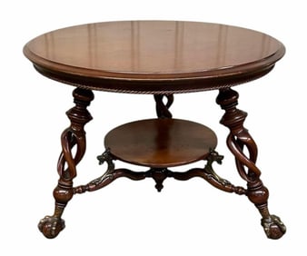 Extra Large Hunzinger Style Mahogany Parlor Table With Pierced Carved Rope Twist Legs On Massive