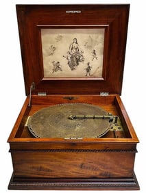 Mahogany Victorian 15 3/4" Regina Parlor Disc Player, Wonderful Mahogany Dome Top Box With Rope