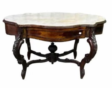 Extra Large Oversized Rosewood Victorian Style Marble Top Parlor Table With Carved Knees And Base