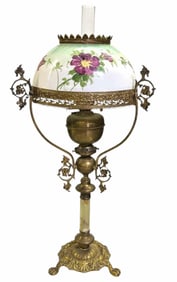Large Victorian Brass Parlor Lamp With Hand Painted Shade And Brass/Onyx Base 17"X34"