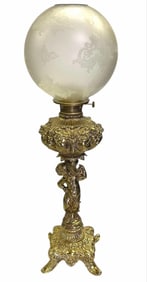 Large Brass Figural Parlor Lamp With Etched Shade 9"X32"