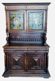 Victorian Carved Parlor Huntboard With Leaded Glass Doors And Full Column Front And Carved Drawers,