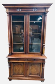Walnut Victorian Two Piece Bookcase Or Parlor Cabinet With Carved Column Front And Burlled Panels