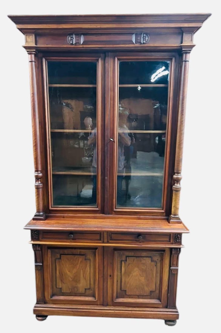 Walnut Victorian Two Piece Bookcase Or Parlor Cabinet With Carved Column Front And Burlled Panels (1 of 3)