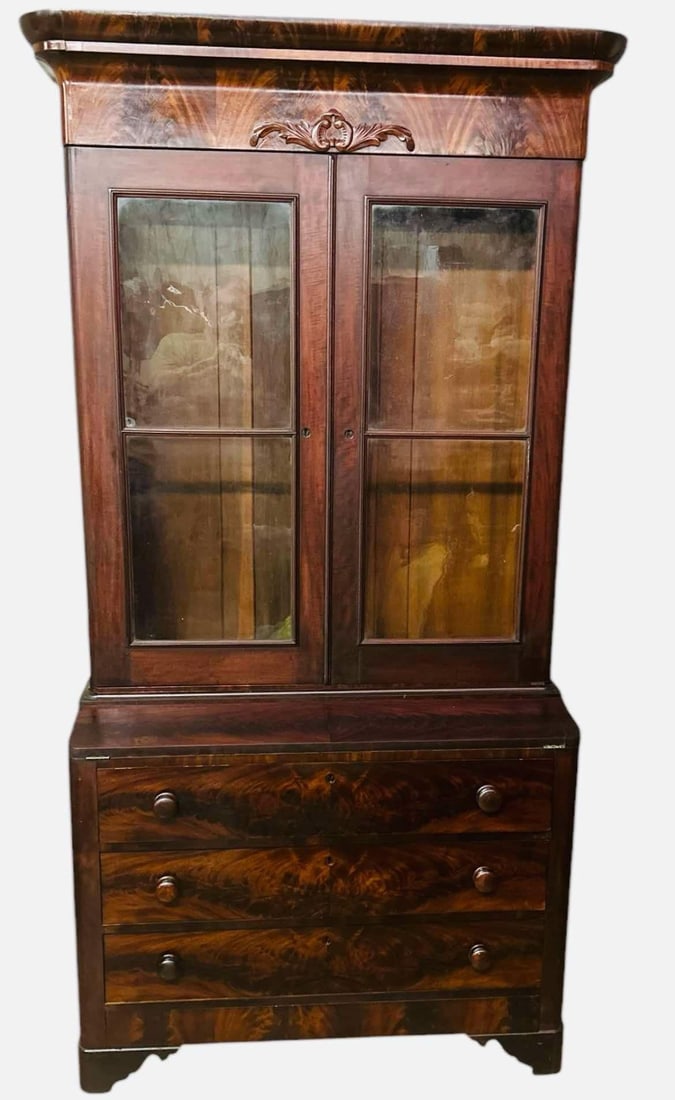 Empire Mahogany Two Piece Secretary With Crotch Veneer Fronts And Carved Front And OG Crown Moulded: Empire Mahogany Two Piece Secretary With Crotch Veneer Fronts And Carved Front And OG Crown Moulded Top Cornice 20"X43"X98"