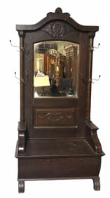 Oak Carved Victorian Hall Seat Or Halltree With Full Column Sides Carved Top And Front In Original