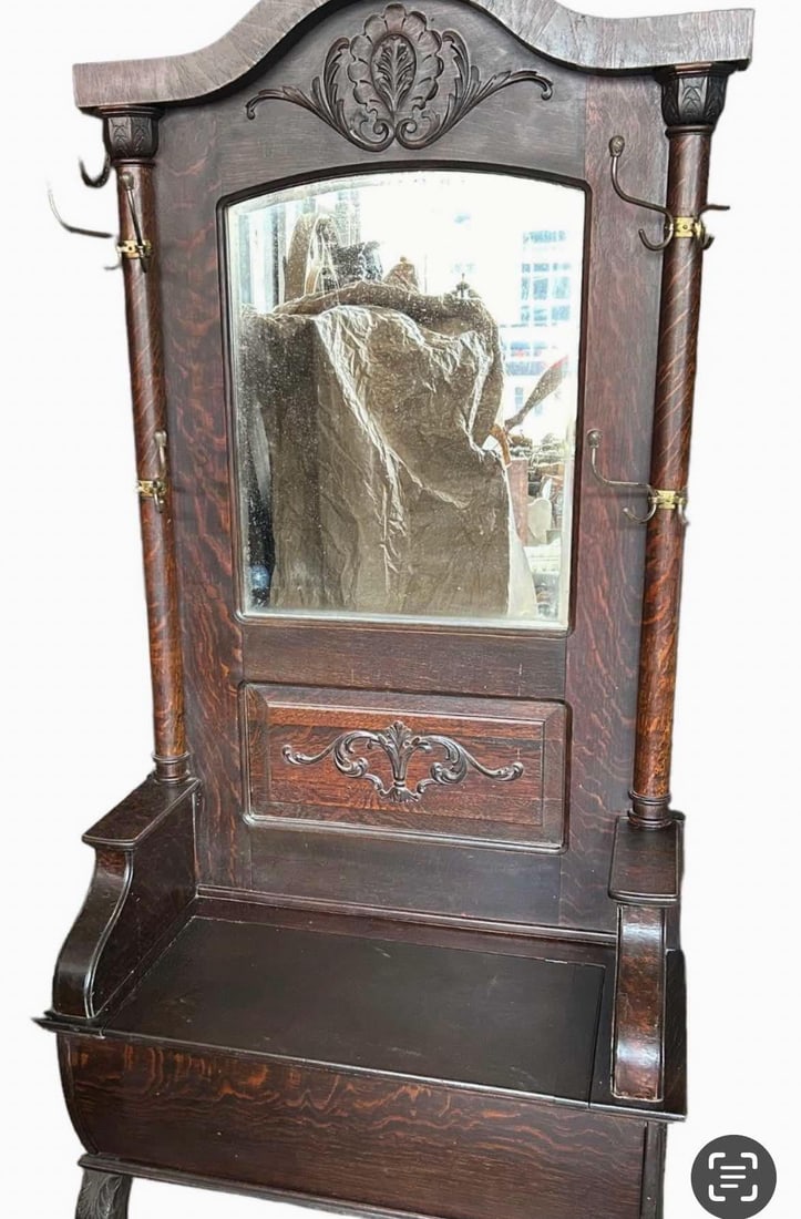 Oak Carved Victorian Hall Seat Or Halltree With Full Column Sides Carved Top And Front In Original (1 of 5)