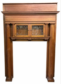 Extra Large Oak Victorian Mantle With Fluted Column Sides And Beveled Glass Doors In Original Finish