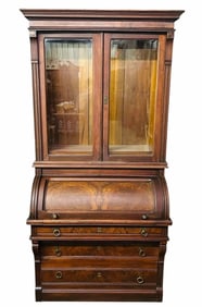 Walnut Victorian Cylinder Style Secretary Bookcase Has Glass Doors At Top And Burled Cylinder And
