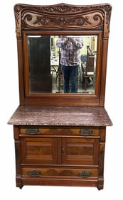 Walnut Victorian Oversized Marble Top Washstand With Carved Crest And Burled Fronts 20"X36"X60"