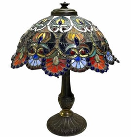 Art Nouveau Style Parlor Lamp With Tiffany Style Jeweled Shade On Bronze Base 18"X21"