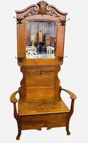 Oak Carved Hall Tree Or Hall Seat With Carved Crest And Original Hat Hooks 18"X40"X81"