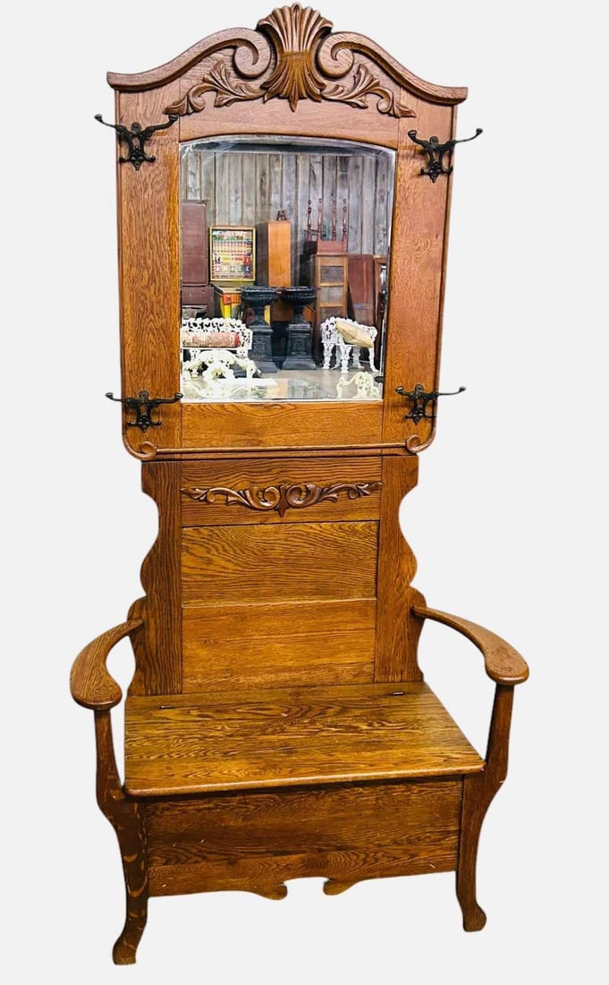 Oak Carved Hall Tree Or Hall Seat With Carved Crest And Original Hat Hooks 18"X40"X81": Oak Carved Hall Tree Or Hall Seat With Carved Crest And Original Hat Hooks 18"X40"X81"