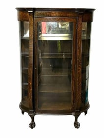 Oak Victorian Bow Front China Cabinet With Column Front; Bowed Sides And Front On Claw Feet