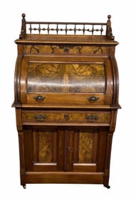 Walnut Victorian Cylinder Style Ladies Desk With Carved Gallery And Burreled Accents 24"X32"X55"