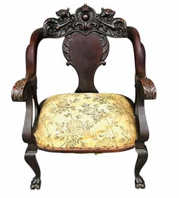 RJ Horner Mahogany Parlor Chair With Carved Griffin Crest And Carved Arms On Claw Foot (Matches Lot
