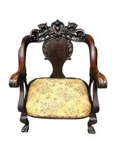 RJ Horner Carved Parlor Chair With Carved Griffin Crest, Carved Arms On Claw Foot Legs (Matches Lot
