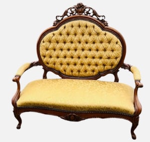 Rare Victorian Carved Bed Bench Or Parlor Loveseat With Wonderful Gold Upholstery, Carved Crest And