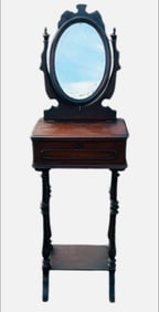 Victorian Rosewood Shaving Mirror With Lift Top Storage Compartment On Spool Legs