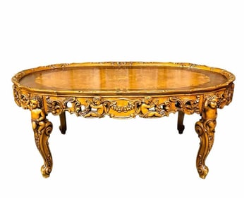 Cherub Carved Victorian Style Coffee Table With Carved Skirt And Inlaid Top, Matches Lot 159/160