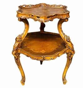 Cherub Carved Victorian Style Two Tiered Table With Carved Skirts And Inlaid Tops. Matches Lot