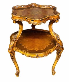 Cherub Carved Victorian Style Two Tiered Side Table With Carved Skirts And Inlaid Top. Matches Lot