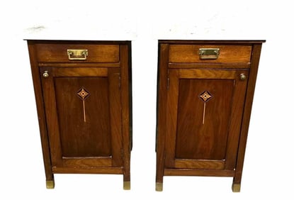 Pair Of Walnut Art Nouveau Inlaid Marble Top Half Commodes With Inlaid Doors And Original Hardware