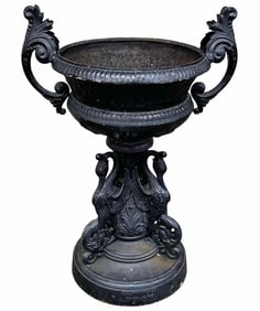 Victorian Swan Base Cast Iron Garden Urn Made By Walbridge And Co. Buffalo, NY. 21"X30"X44"
