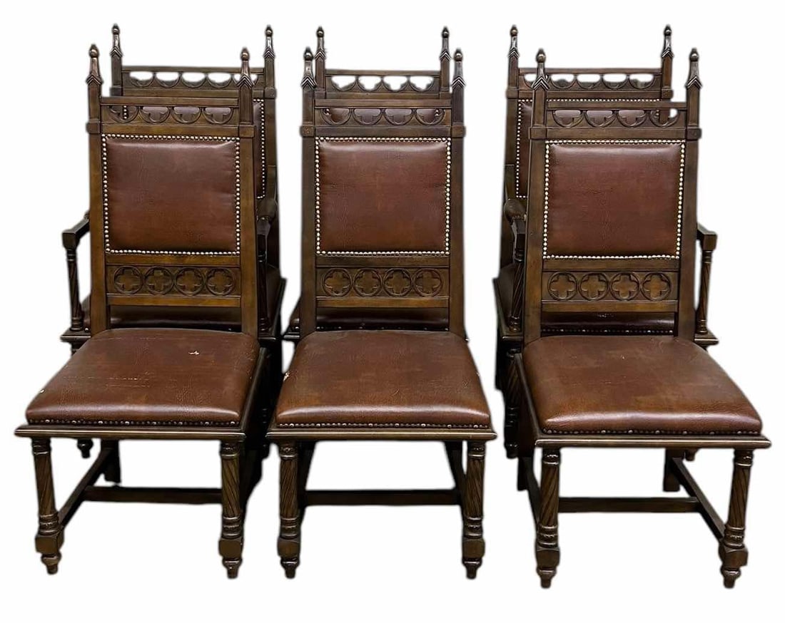 Set Of Six Gothic Style Dining Chairs; Upholstery Needs Attention But Frames Are Great 20"X20"X48": Set Of Six Gothic Style Dining Chairs; Upholstery Needs Attention But Frames Are Great 20"X20"X48"