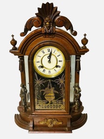 Victorian Walnut Parlor Clock; Has Carved Crest At The Top, Brass Figures On The Sides With Mirrors