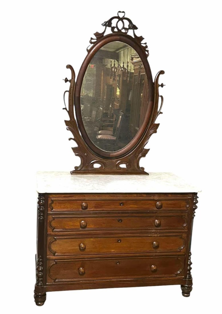 Walnut Victorian Dresser With Carved Mirror And Marble Top And A Carved Four Drawer Base 24"X46"X82" (1 of 3)