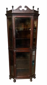 Mahogany Victorian Corner China Cabinet With Glass Door Sides And Carved Crest 22"X38"X80"