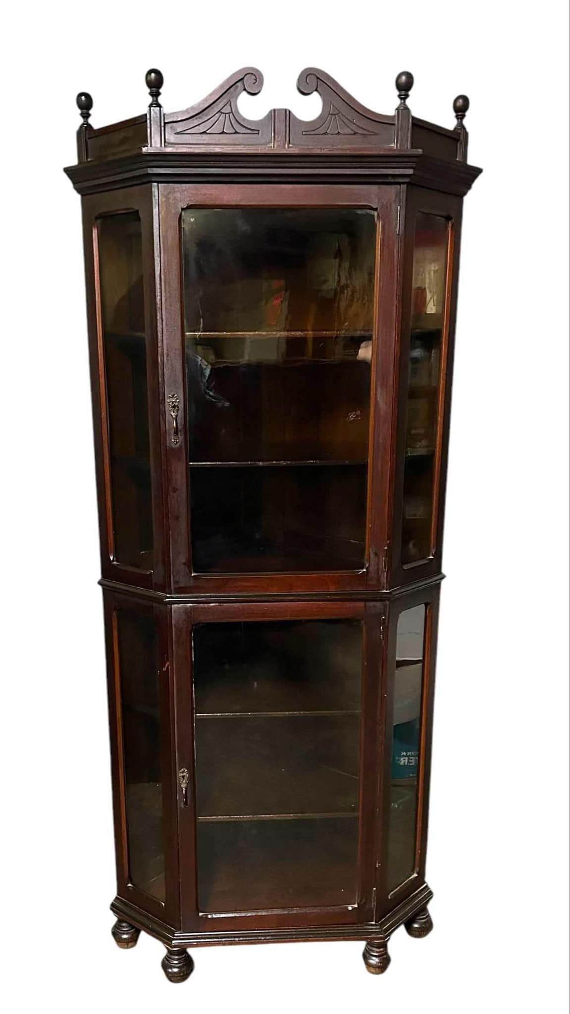 Mahogany Victorian Corner China Cabinet With Glass Door Sides And Carved Crest 22"X38"X80" (1 of 3)