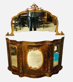 Victorian Rosewood Parlor Cabinet Or Console; Has Three Mirror Doors In The Base With A Marble Top