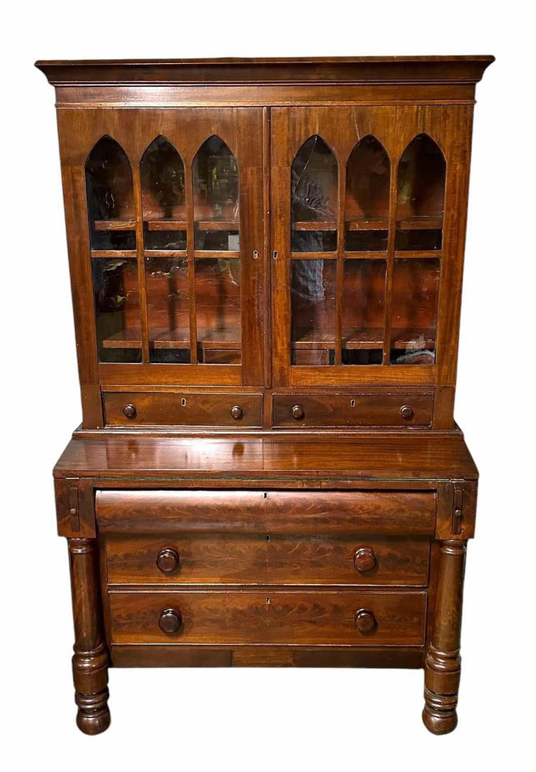 Empire Style Two Piece Mahogany Secretary With Glass Door Top Over Full Column Drawer Base (1 of 4)