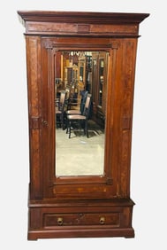 Walnut Victorian Wardrobe Or Armoire With Single Mirror Door And Burled Accent 21"X45"X83"