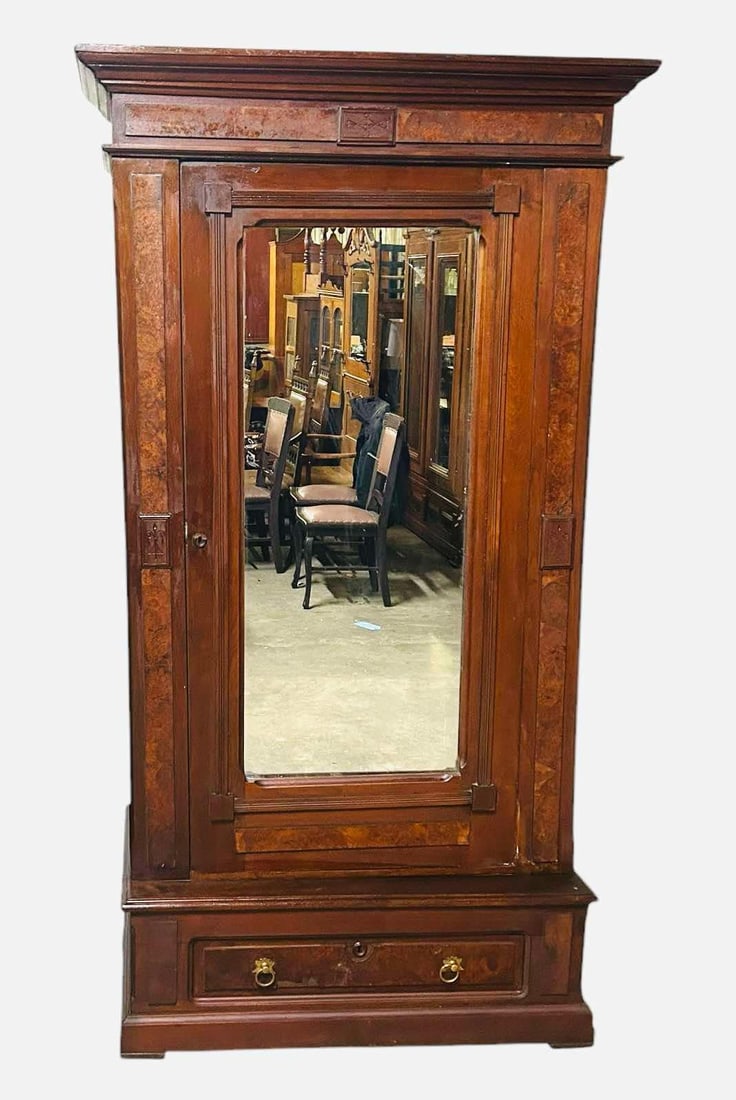 Walnut Victorian Wardrobe Or Armoire With Single Mirror Door And Burled Accent 21"X45"X83" (1 of 3)