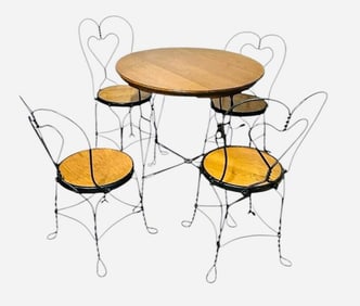 Victorian Style Metal Ice Cream Parlor Table And Chairs With Oak Tops, Table Is 30"X30" Two Chairs