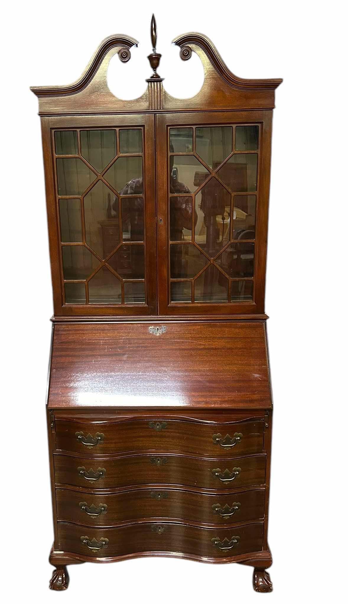 Mahogany Chippendale Style Secretary With Claw And Ball Feet And Broken Arch Top 17"X35"X83" (1 of 4)