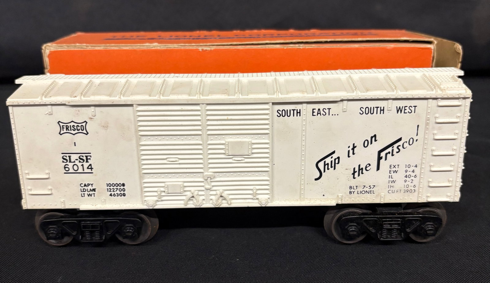Lionel No. 6014-335 Box Car White "Ship It On The Frisco" With Original Box 8": Lionel No. 6014-335 Box Car White "Ship It On The Frisco" With Original Box 8"